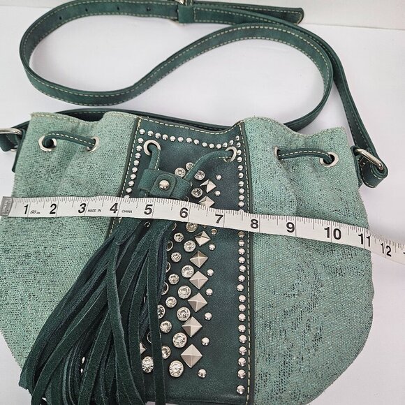 Montana West Green Canvas/Faux Leather Studded Suede Tassel Crossbody Bucket Bag - Picture 8 of 11